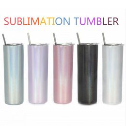 glitter sublimation tumbler 20oz straight rainbow skinny tumblers with lid straw vacuum coffee mug 5color