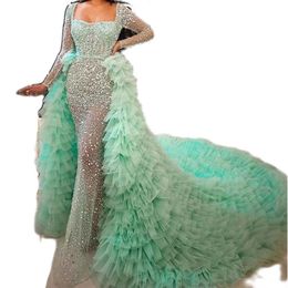 Light Green Mermaid Evening Dresses with Detachable Train Prom Gown Custom Made Formal Party Long Sleeve Sequins Tier Tulle Vestido de novia