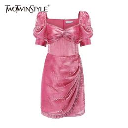 Ruffle Elegant Dress For Women Square Collar Puff Short Sleeve High Waist Dresses Female Summer Clothing 210520