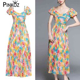 designer style flower printed ruffles butterfly short sleeve floral summer casual maxi pleated dresses boho robe vestidos 210421