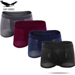 4pcs/lot Men Net Underwear Underpants Boxershorts Bamboo Sexy Sleepwear Male Small Panties for Man Transparent Mesh Thin Pants H1214