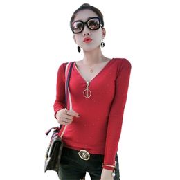 Sexy Zipper V-Neck Pullover Tshirt Spring Autumn Women Long Sleeve Sequis Shirt Clothes Hollow Out Butterfly Tops T93102 210421