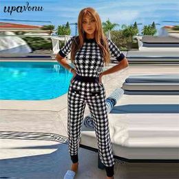 Free Women's Houndstooth Knit Pants Set Casual O-neck Short Sleeve Loose Pullover & Long Two-piece 210524