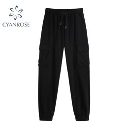Black Harem Pants Women Casual Loose High Waist Elastic Drawstring Streetwewar Pocket Overalls Trousers And Harajuku Joggers 210515
