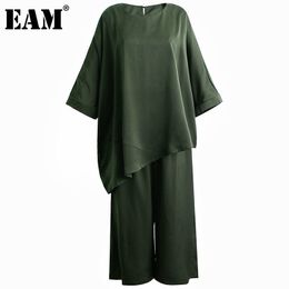 [EAM] Wide Leg Pants Two Piece Big Size Suit Round Neck Three-quarter Sleeve Loose Women Fashion Spring Summer 1DD7772 21512