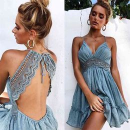 Hot Summer Women Sexy Dresses Back Lacing Straps Backless Dress Beach Clothing Female 210409