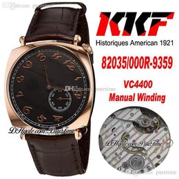 KKF Historiques American 1921 A4400 Manual Winding Mens Watch 82035/000R-9359 Rose Gold Black Dial Champagne Number Markers Brown Leather Strap Watches Puretime D04