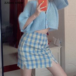 Summer Women Split Details Plaid Mini Skirt with Under Shorts Retro Front Double Slit Package Hips Gingham Check Short Skirts X0428