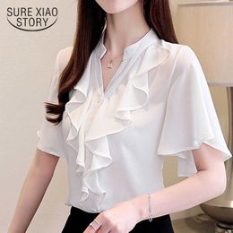 Fashion women blouse and tops chiffon blouse shirts ladies tops white shirts plus size women V-Neck Ruffles 3780 50 210527