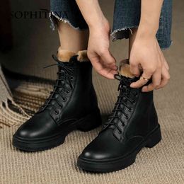 SOPHITINA Women Shoes Winter Warm High Quality Handmade Ankle Boots Round Toe Lace Up Leisure Motorcycle Boots Women SO691 210513