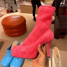Designer Plush Boots High Heele Square Toe Platform Womens Ankle Boot New Luxury Runway Shoes Women