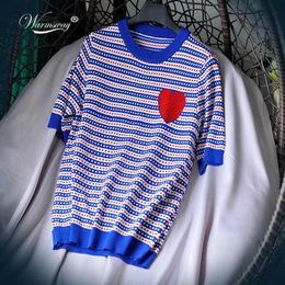 Luxury Designer Brand Knitted Top for Women O Neck Hot Drilling Red Love Striped Knitted T Shirts Black Blue Summer B-090 X0628