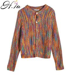 sweter mujer invierno Rainbow Sweater and Cardigans Chic Jumpers Button up Winter Women Korean Tops 210430