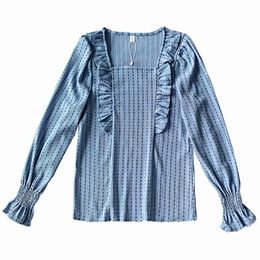 Beige Blue Long Sleeve Slash Neck Ruffle Blouse Women Long-sleeve Solid B0750 210514