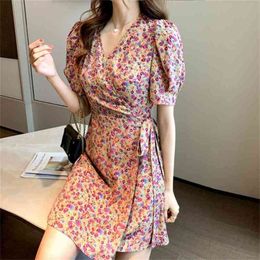 summer Floral Print Dress Short sleeve Women Mini VNeck Loose Ladies es Beach Sundress The 210507