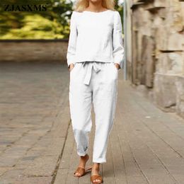 Solid Color Two Piece Cotton Linen Women Sets Spring O Neck Long Sleeve Top Shirt and Drawstring Pocket Suit Lady Casual Outfits Y0625