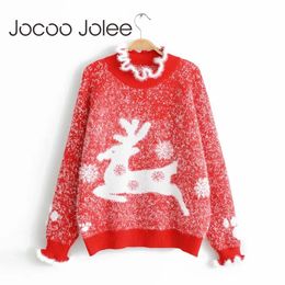 Women Year Deer Sweater Long Sleeve Turtleneck Knitted Casual Ruffles Loose Pullover Jumper 210428