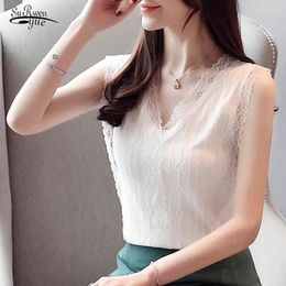 Korean V-neck Summer Vest Sexy White Black Lace Tops Blusas Mujer De Moda Loose Sleeveless Womens Clothes 8832 50 210521