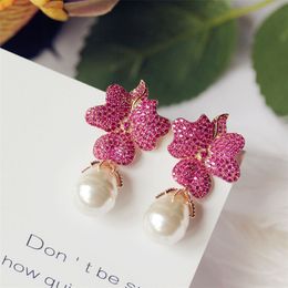 Fashion Rose red Big Flower Full stone Setting Irregular Pearl Drop Earring Party Jewellery Gift Wedding bride Accessories 210624