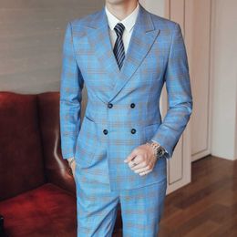 Trajes De Vestir Para Hombres Double Breasted Suits Blue Lattice Suits Mens Dress Mens Suits With Pants Club Terno 3-piece Set X0909