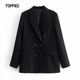 Toppies Women Black Blazer Double Breasted Suit Jacket Coat Office Lady Formal Slim Long Blazer 210412