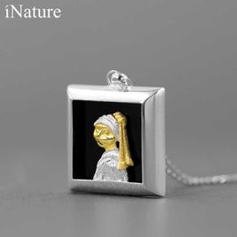 iNature 925 Sterling Silver Jewellery Natural Black Agate Girl with a Pearl Earring Cat Necklace Pendant For Women Gift