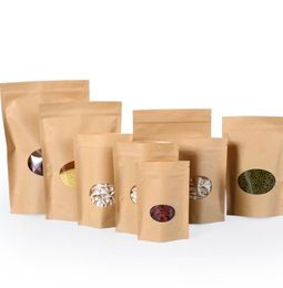 100pcs Thick Stand up Kraft Paper Clear Oval Window Zip zipper Packaging Bag Coffee Powder Snack Resealable Gifts Storage