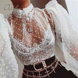 Summer Polka Dot White See Through Tops Sexy Transparent Blouse Shirt 210415
