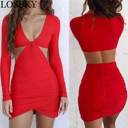 Black White Red Sexy Deep V Neck Bodycon Club Party Dress Women Autumn Winter Long Sleeve Hollow Out Ruched Short Vestidos 210507