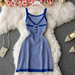 Summer A-line Women Knitted Sweater Dress Chic Buttons Design Sexy Strap Slim Waist Girl Mini Party Robe Femme 210514