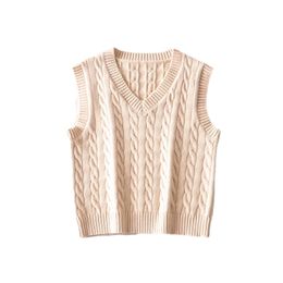 Vintage Women V-Neck Sweaters Vest Fashion Ladies Solid Knitted Tanks Streetwear Female Chic Beige Pullovers 210430