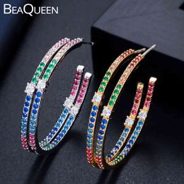 BeaQueen Stunning Lady Multi Colour Cubic Zircon Sterling Silver 925 Jewellery Rainbow Colourful Big Round Circle Hoop Earrings E289
