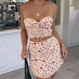 Floral Print Lacing up Bra Tank Top Crop Sexy Women High Waist Single-breasted Buttons Skirt Ruched Camis 2 Pieces Set 210429