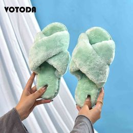 Winter Warm Women Furry Slippers Cross Rabbit Fur Slides Rainbow Leopard-Print Fur Flip Flop Female Flat Comfortable Floor Shoes H1122