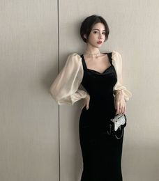 Autumn Winter V-Neck Elegant Black Stitching Velvet Dress Female Retro High Waist Puffy Sleeve Skirt Temperament 210514