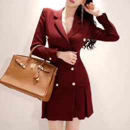 Korean OL Solid Women Elegant Ruffle Casual Blazer Jacket Spring Notched Double-Breaste Slim Office Mini Dress 210416