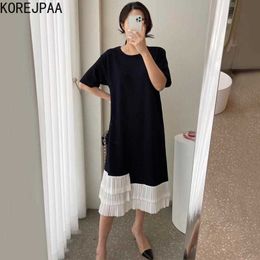 Korejpaa Women Dress Summer Korean Chic Retro Round Neck Loose Short-Sleeved Contrast Irregular Pleated Stitching Vestidos 210526