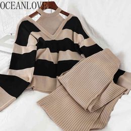 Knitted Two Piece Set Women Striped Sweaters + Solid Wide Leg Pants Autumn Winter Ropa Mujer Korean Style 17573 210415