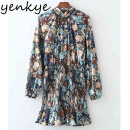 Vintage Floral Print Sexy Hem Elastic Package Hip Dress Women High Neck Long Sleeve Summer Plus Size Short Vestido 210430