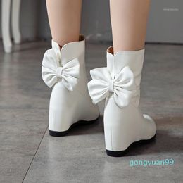 2019 Fashion Big Bow Cute Lolita Shoes Women Boot White Black Hidden High Heel Slip on Sweet Bowtie Ankle Boots Size 431