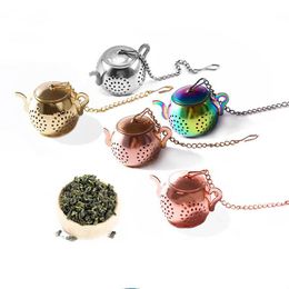 2022 new Metal Tea strainer Teapot Shape Loose Infuser Stainless Steel Leaf Maker Chain Drip Tray Herbal Spice Filter