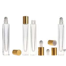 new 10ml Empty Pen Square Clear Glass Roll on Bottle with gold cap stainless steel roller ball for Essential oil Perfume RRF12862