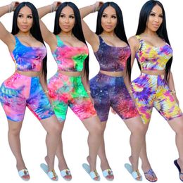 Womens Two Piece Set Designer Tracksuit Tie Dye Sleeveless Vest Pants Sets Suspender Top Shorts Outfits Bodycon Jogging Suits 848