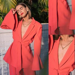 High Quality Orange Women Suits Leisure Evening Party Prom Blazer with Belt Red Carpet Outfit Tuxedos (Jacket+Pants)