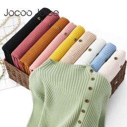 Joco Jolee Women Korean Button Throat Sweater Casual Turtleneck Pullover Autumn Winter Slim Knitting Tops Harajuku Jumpers 210619