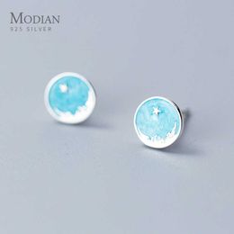 925 Sterling Silver Round Abstract Style Stud Earrings for Women Enamel Fashion Stars Fine Jewellery Pendientes 210707