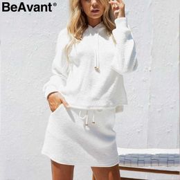 BeAvant Hooded lace up two piece dress women Knitting casual sweatshirt dress female Oversized cotton white autumn winter dress 210709