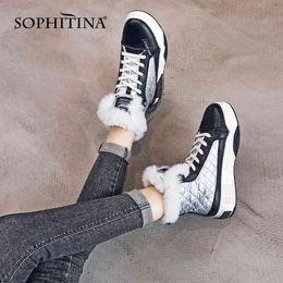 SOPHITINA Women Winter Shoes Platform Warm High-Top Genuine Leather Shoes Round Toe Mid Heel Sneakers Casual Women Boots SO757 210513