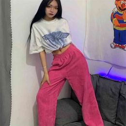 HOUZHOU Pink Corduroy Wide Leg Pants Women Korean Style Summer Straight High Waist Trousers Female Fashion Streetwear Aesthetic 210925