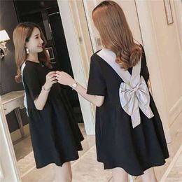 Maternity Clothes Pregnant Women Wearing Summer Doll Dresses Back Bow Knot Short-sleeved Korean Pregnancy Dress 210922